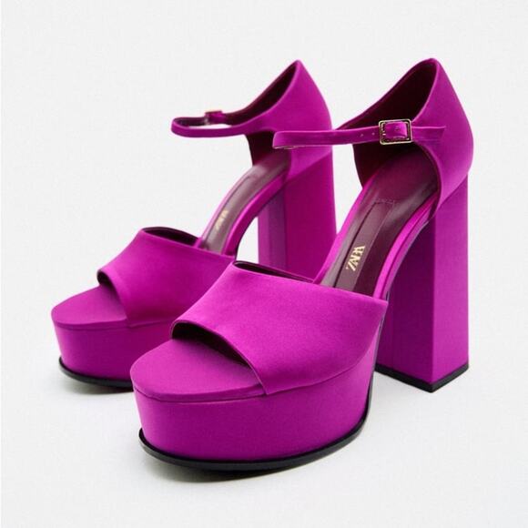 ZARA CHUNKY SATIN PLATFORM SANDALS FUCHSIA - Picture 2 of 5